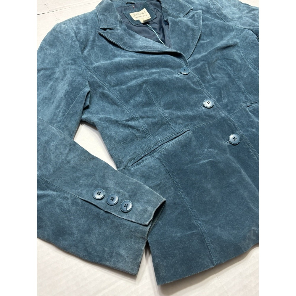 Vintage St Johns Bay Suede Jacket Womens L Blue Teal Blazer Button Front Coat - Picture 2 of 10